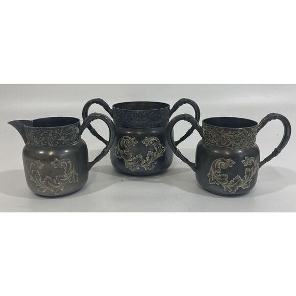 Antique Connecticut Silver Co Triple Silver Plate Etched 1920 Sugar Creamer Set